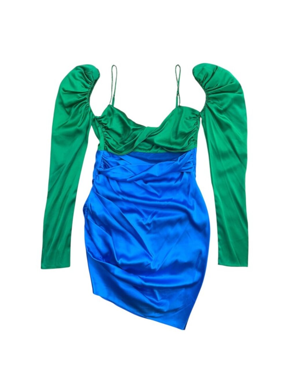 The‎ Bar Silk Puff Sleeve Ruched Cutout Bodycon Mini Dress Green Blue10 Party